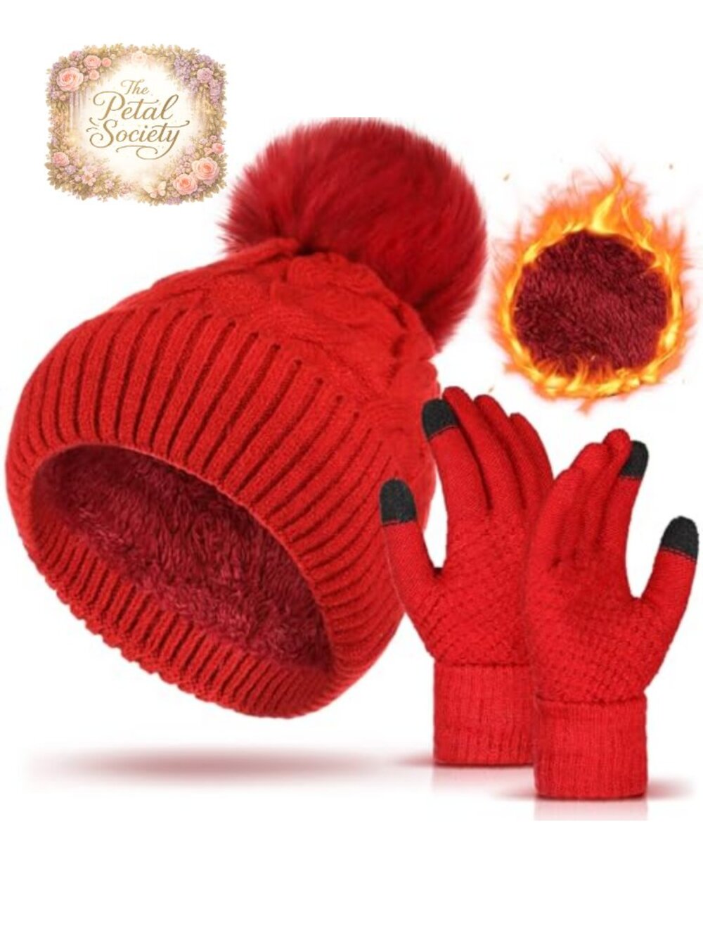 Winter Fleece Lined Knitted Beanie Hat Glove Set Warm Pom Pom Touchscreen